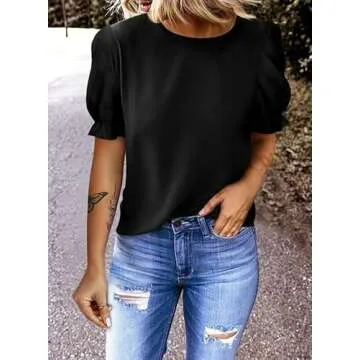 Dokotoo Womens Ladies Tops and Blouses Short Sleeve Summer Dressy Tops Trendy 2025 Crewneck Business Casual Outfits Puffer Blouses Plus Size Tops for Women Shirts Black Blouses for Women Medium