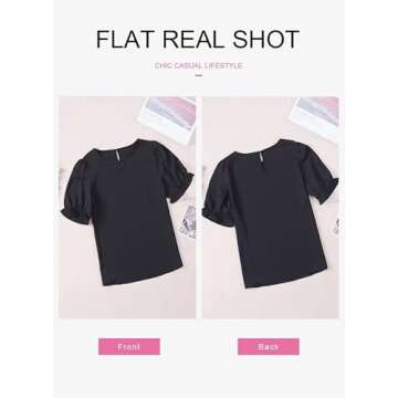 Dokotoo Womens Ladies Tops and Blouses Short Sleeve Summer Dressy Tops Trendy 2025 Crewneck Business Casual Outfits Puffer Blouses Plus Size Tops for Women Shirts Black Blouses for Women Medium