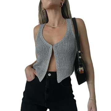 Women Y2K Crochet Knit Tank Vest - Color Block V Neck Sleeveless Crop Top
