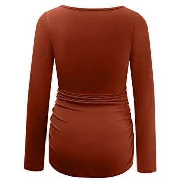 GINKANA Maternity Shirts Long Sleeve Square Neck Slim Fit Tee Tops Pregnancy Basic Shirts,Caramel,M