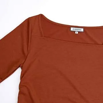 GINKANA Maternity Shirts Long Sleeve Square Neck Slim Fit Tee Tops Pregnancy Basic Shirts,Caramel,M