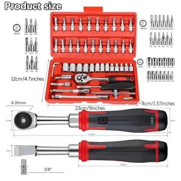 ZRW Ratchet Set,Ratchet Wrenches,46 Pieces 1/4 inch Drive Socket Ratchet Wrench Set,Slim Ratchet 3/8 Drive for Auto Repairing and Household, with Storage Case(Red)