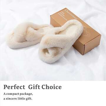 Chantomoo Women's Cross Slippers Memory Foam House Bedroom Slippers for Women Fuzzy Plush Comfy Faux Fur Lined Slide Shoes Anti-Skid Sole Trendy Gift Slippers Beige 5 6