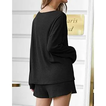 Ekouaer Pajama Set for Women Waffle Knit Lounge Sets Long Sleeve Top and Shorts Matching Loungewear,Black,M