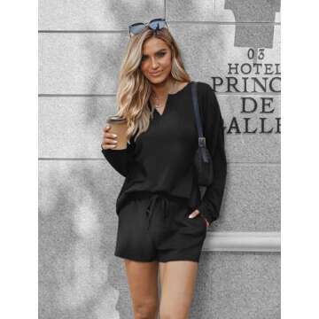 Ekouaer Pajama Set for Women Waffle Knit Lounge Sets Long Sleeve Top and Shorts Matching Loungewear,Black,M