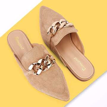 BISON SPIRIT Mules for Women Flats Pointed Toe Slip On Slides Loafer Shoes (Metal Chain-Brown Suede,...