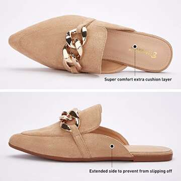 BISON SPIRIT Mules for Women Flats Pointed Toe Slip On Slides Loafer Shoes (Metal Chain-Brown Suede,7)