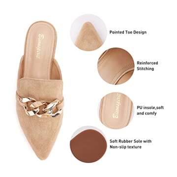 BISON SPIRIT Mules for Women Flats Pointed Toe Slip On Slides Loafer Shoes (Metal Chain-Brown Suede,7)