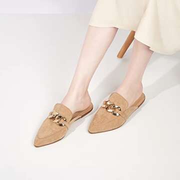BISON SPIRIT Mules for Women Flats Pointed Toe Slip On Slides Loafer Shoes (Metal Chain-Brown Suede,7)