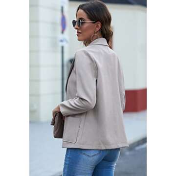 ROSKIKI Basic Open Front Lapel Button Slim Cardigan Roll Up Sleeve Blazer for Women Gray Large