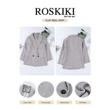 ROSKIKI Basic Open Front Lapel Button Slim Cardigan Roll Up Sleeve Blazer for Women Gray Large