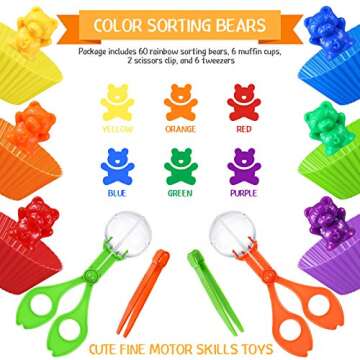 74 Pieces Counting Sorting Bears Fine Motor Skills Handy Scoopers Set Includes 60 Cute Rainbow Sorting Bears, 6 Jumbo Tweezers, 2 Scissors Clips and 6 Colorful Cups for Children Over 6