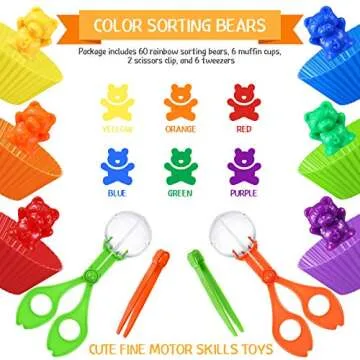74 Pieces Counting Sorting Bears Fine Motor Skills Handy Scoopers Set Includes 60 Cute Rainbow Sorting Bears, 6 Jumbo Tweezers, 2 Scissors Clips and 6 Colorful Cups for Children Over 6