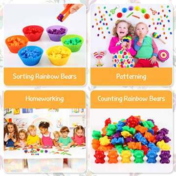 74 Pieces Counting Sorting Bears Fine Motor Skills Handy Scoopers Set Includes 60 Cute Rainbow Sorting Bears, 6 Jumbo Tweezers, 2 Scissors Clips and 6 Colorful Cups for Children Over 6