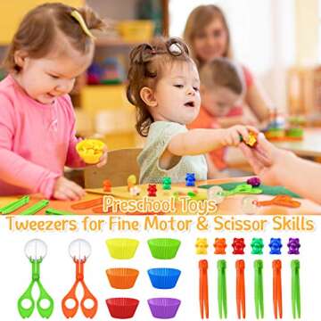 74 Pieces Counting Sorting Bears Fine Motor Skills Handy Scoopers Set Includes 60 Cute Rainbow Sorting Bears, 6 Jumbo Tweezers, 2 Scissors Clips and 6 Colorful Cups for Children Over 6