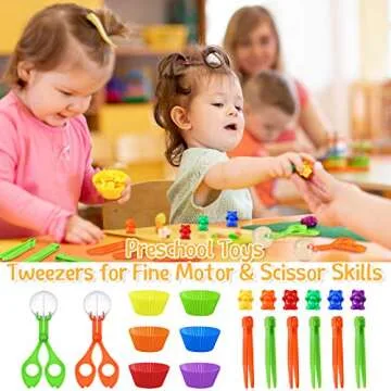 74 Pieces Counting Sorting Bears Fine Motor Skills Handy Scoopers Set Includes 60 Cute Rainbow Sorting Bears, 6 Jumbo Tweezers, 2 Scissors Clips and 6 Colorful Cups for Children Over 6
