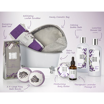 Christmas Bath Gift Basket Set for Women: Relaxing at Home Spa Kit Scented - Lavender and Jasmine with Large Bath Bombs, Salts, Shower Gel, Body Butter Lotion, Bath Oil, Bubble Bath, Loofah & More
