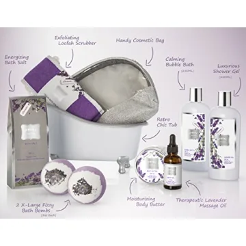Christmas Bath Gift Basket Set for Women: Relaxing at Home Spa Kit Scented - Lavender and Jasmine with Large Bath Bombs, Salts, Shower Gel, Body Butter Lotion, Bath Oil, Bubble Bath, Loofah & More