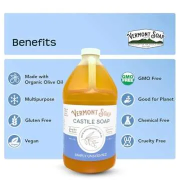 Vermont Castile Soap Unscented, Gentle Liquid Soap for Sensitive Skin & Natural Body Wash, Organic Hair Shampoo for Oily Hair, Aloe Castile Soap for Men & Women - 64 Oz