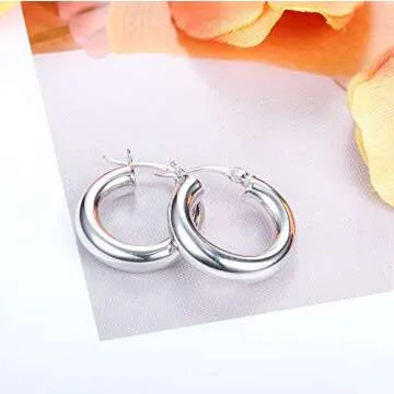 Milacolato 925 Sterling Silver Hoop Earrings High Polished 18K Gold Plated Round-Tube Thick Chunky Click-Top Light-weight Hoop Earrings for Women