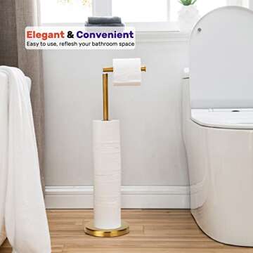 Toilet Paper Holder Gold, Freestanding Toilet Paper Holder Stand with Reserve for 4 Spare Rolls, Sturdy Base, Toilet Tissue Paper Roll Storage Shelf (Stainless Steel Base, Gold)