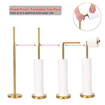 Toilet Paper Holder Gold, Freestanding Toilet Paper Holder Stand with Reserve for 4 Spare Rolls, Sturdy Base, Toilet Tissue Paper Roll Storage Shelf (Stainless Steel Base, Gold)