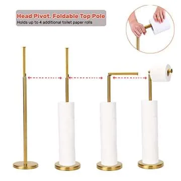 Toilet Paper Holder Gold, Freestanding Toilet Paper Holder Stand with Reserve for 4 Spare Rolls, Sturdy Base, Toilet Tissue Paper Roll Storage Shelf (Stainless Steel Base, Gold)