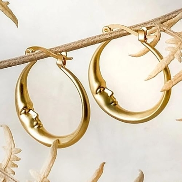 Crescent Moon Face Earrings in Silver & Gold for Celestial Style