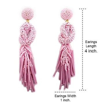 Handmade Beaded Solid Color Post Statement Earrings for Women All Season 4 inch Long (Pink)