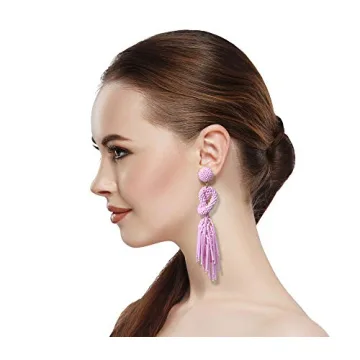 Handmade Beaded Solid Color Post Statement Earrings for Women All Season 4 inch Long (Pink)