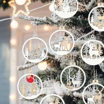 Christmas Tree Ornaments, 9 Pack Wooden Christmas Ornaments Winter Wonderland Reindeer Santa Snowman Double Glitter Hanging Christmas Tree Decorations for Winter Holiday Party Decor