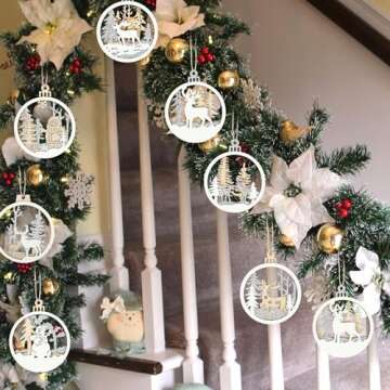 Christmas Tree Ornaments, 9 Pack Wooden Christmas Ornaments Winter Wonderland Reindeer Santa Snowman Double Glitter Hanging Christmas Tree Decorations for Winter Holiday Party Decor