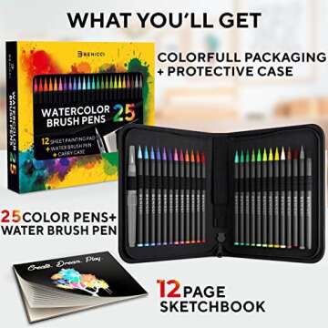 Artist Watercolor Brush Pens Set of 26 Vibrant Markers with Bonus 1 Water Brush Pen 25 Colors Flexible Nylon Tips Paper Pad & Carry Case Non-Toxic Safe & Fun Watercolors