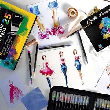 Artist Watercolor Brush Pens Set of 26 Vibrant Markers with Bonus 1 Water Brush Pen 25 Colors Flexible Nylon Tips Paper Pad & Carry Case Non-Toxic Safe & Fun Watercolors