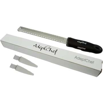 Citrus Lemon Zester & Cheese Grater by AdeptChef - Parmesan Cheese, Lemon, Ginger, Garlic, Nutmeg, Vegetables, Fruits - Very sharp Stainless Steel Blade Protective Cover, Dishwasher Safe