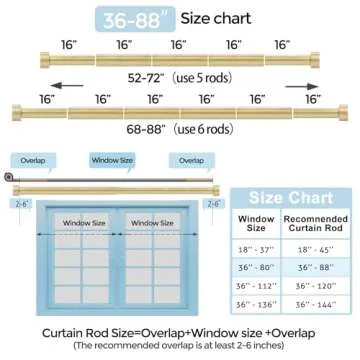 VOIIY Gold Curtain Rods for Windows, 1" Diameter Drapery Rods with Modern Style End Cap Finials, Size:36-88 Inch