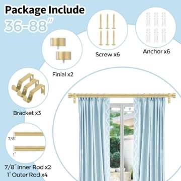VOIIY Gold Curtain Rods for Windows, 1" Diameter Drapery Rods with Modern Style End Cap Finials, Size:36-88 Inch