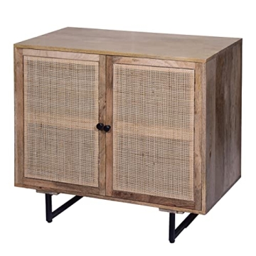 The Urban Port 35-Inch Handcrafted Accent Cabinet with 2 Mesh Rattan Doors, Black Iron Legs, Natural...