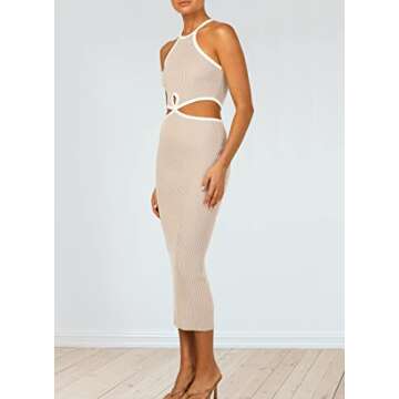 KMOLY Women's Cut Out Waist Bodycon Midi Dress Sexy Backless Sleeveless Spaghetti Strap Party Tank Dresses Apricot