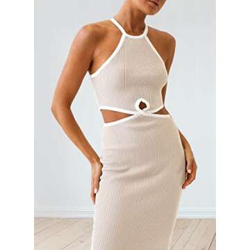 KMOLY Women's Cut Out Waist Bodycon Midi Dress Sexy Backless Sleeveless Spaghetti Strap Party Tank Dresses Apricot