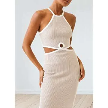 KMOLY Women's Cut Out Waist Bodycon Midi Dress Sexy Backless Sleeveless Spaghetti Strap Party Tank Dresses Apricot