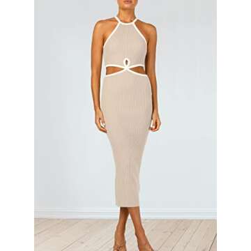 KMOLY Women's Cut Out Waist Bodycon Midi Dress Sexy Backless Sleeveless Spaghetti Strap Party Tank Dresses Apricot