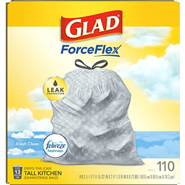 Glad Tall Kitchen Drawstring Trash Bags - Odorshield 13 Gallon White Trash Bag, Febreze Fresh Clean, 110 Count