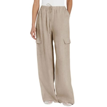 Xiaoxuemeng Womens Cotton Linen Wide Leg Pants Casual Elastic Waisted Cargo Pants with Pockets (Khak...