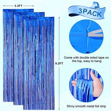 Voircoloria 3 Pack 3.3x8.2 Feet Blue Foil Fringe Backdrop Curtains, Tinsel Streamers Birthday Party Decorations, Fringe Backdrop for Graduation, Baby Shower, Gender Reveal, Disco Party