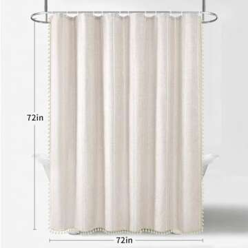 BESBESME Boho Farmhouse Shower Curtain Set with Hooks, Striped Linen Heavy Duty Fabric Shower Curtain for Bathroom, Water Repellent Rustic Vintage Country Shower Curtain with Tassels, Beige, 72"x72"