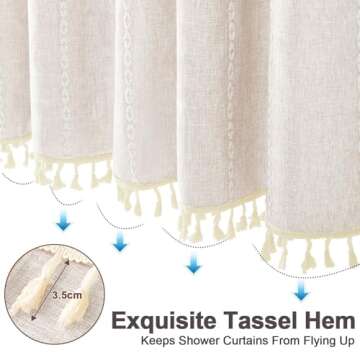 BESBESME Boho Farmhouse Shower Curtain Set with Hooks, Striped Linen Heavy Duty Fabric Shower Curtain for Bathroom, Water Repellent Rustic Vintage Country Shower Curtain with Tassels, Beige, 72"x72"