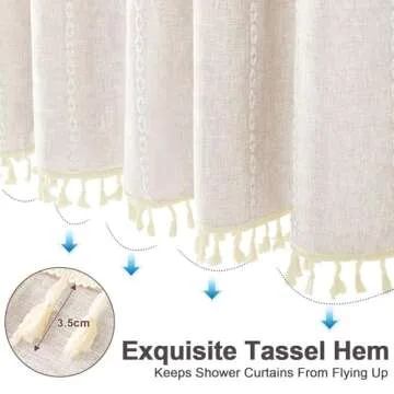 BESBESME Boho Farmhouse Shower Curtain Set with Hooks, Striped Linen Heavy Duty Fabric Shower Curtain for Bathroom, Water Repellent Rustic Vintage Country Shower Curtain with Tassels, Beige, 72"x72"