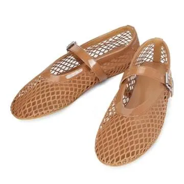 MICIFA Mesh Ballet Flats for Women, Fishnet Buckle Strap Ballerina Shoes Comfy Casual Office Flats Brown