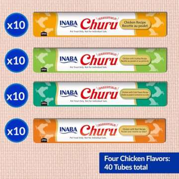 INABA Churu Cat Treats, Grain-Free, Lickable, Squeezable Creamy Purée Cat Treat/Topper with Vitamin E & Taurine, 0.5 Ounces Each Tube, 40 Tubes, Chicken Variety Box